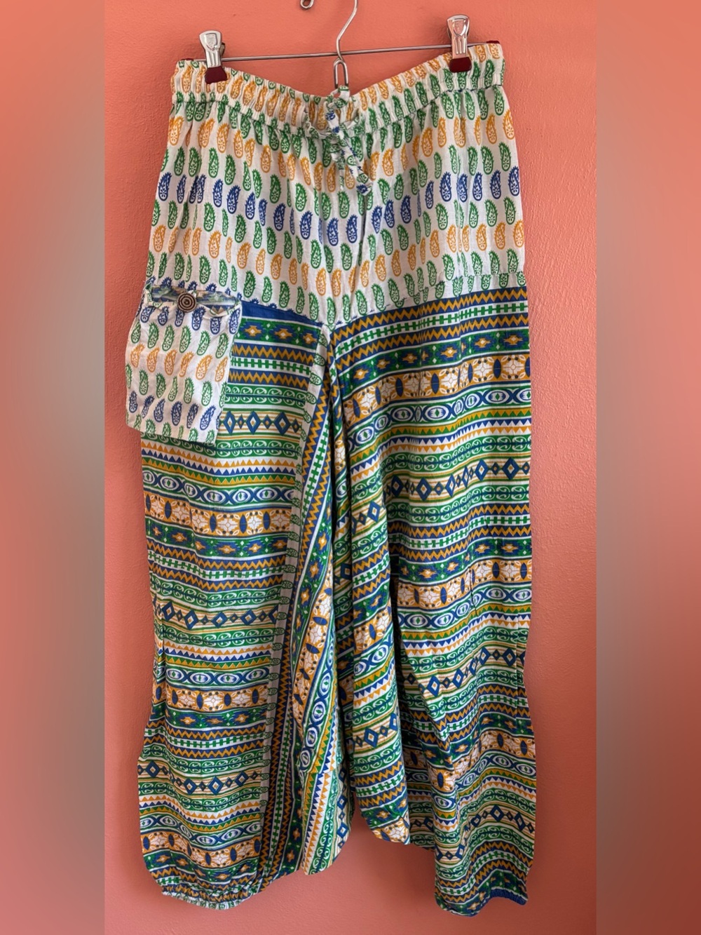 Bohemian Printed Wide-Leg Pants in Green & Blue